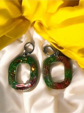 Handmade Green & Red Glitter Resin Geometric Statement Earrings